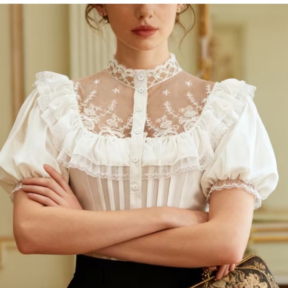 Vintage-Inspired Victorian Blouse Short Sleeve Button Front *LAST ONE* - Picture 3 of 5